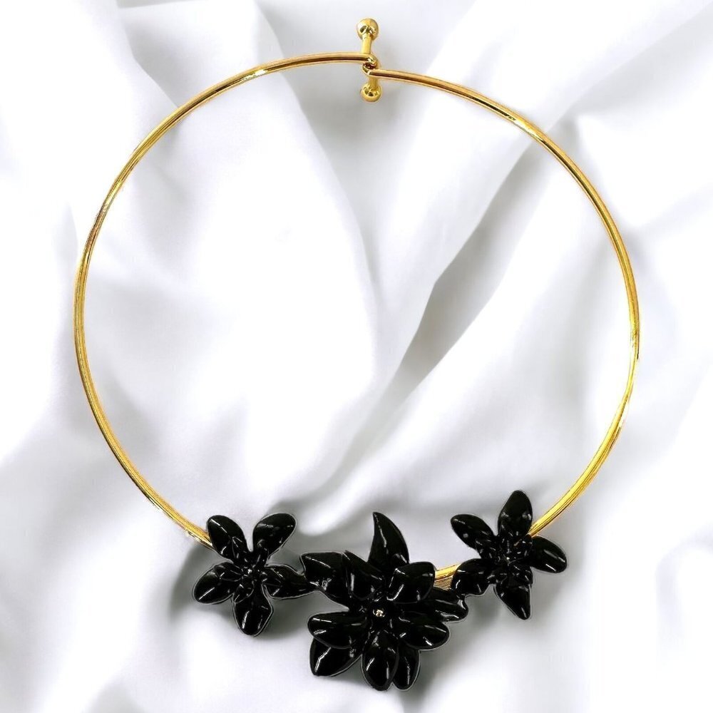 Talbots Black Enamel Flowers Gold Tone Collar Choker Statement Necklace
